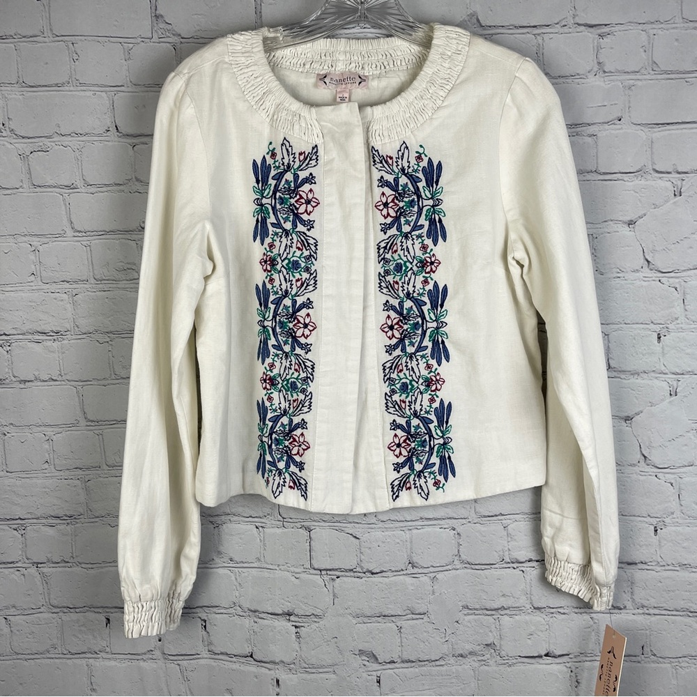 NANETTE LEPORE embroidered lined linen cotton boho lightweight jacket NEW size 2 - Picture 1 of 14